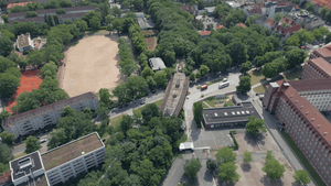 Luftaufnahme des Bahnhofs Siemensstadt